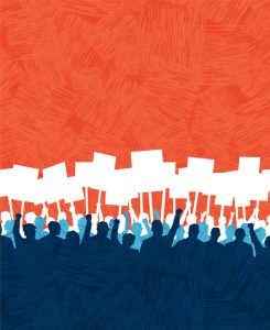 Many people with signs protesting. Poster or banner template.